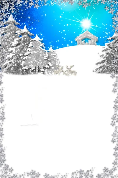圣诞圣诞场景问候卡片 圣诞场景的抽象简单手绘 白纸背景上闪烁着银光的驯鹿 垂直的空间 — 图库照片