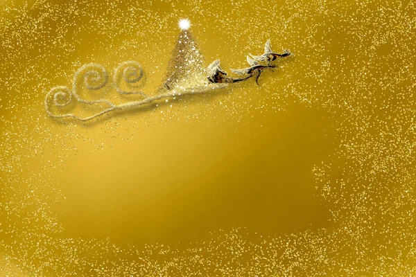 Gouden Kerstkaart Kerstman Slee Getrokken Door Twee Ganzen Kerstboom Handgemaakte — Stockfoto