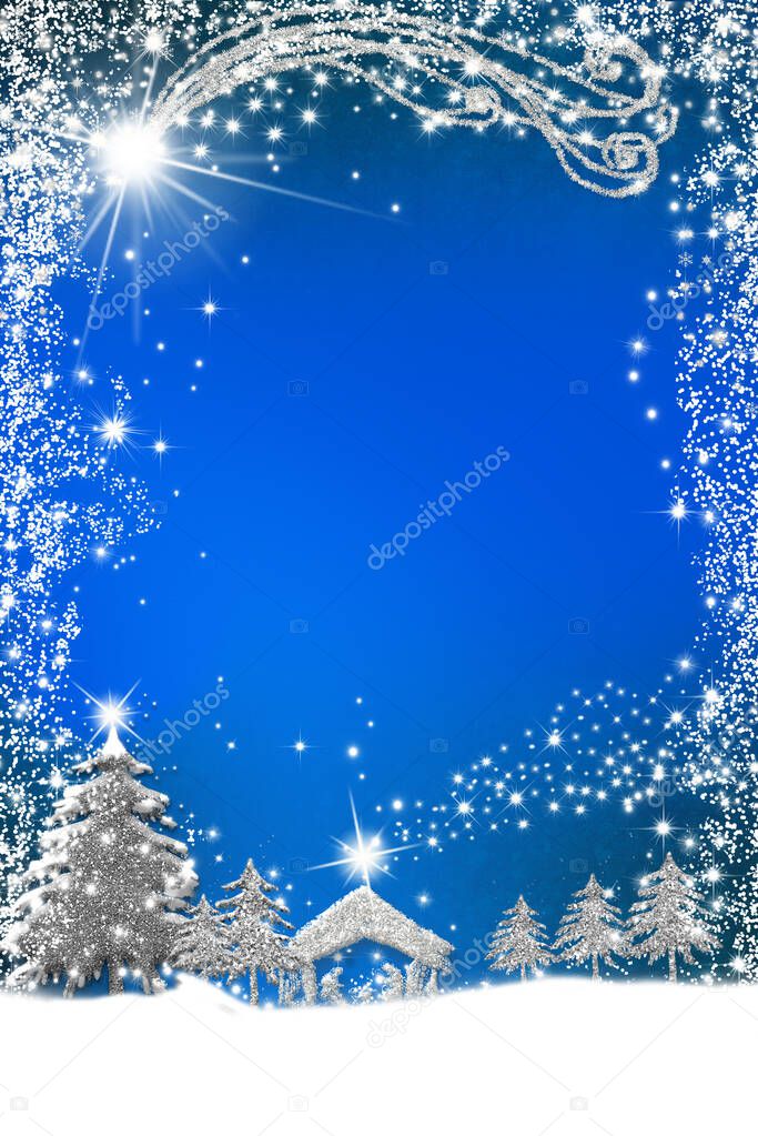 Christmas Nativity Scene greetings cards, abstract simple freehand drawing of Nativity Scene, snowy landscape with silver glitter on a blue paper background with copy space