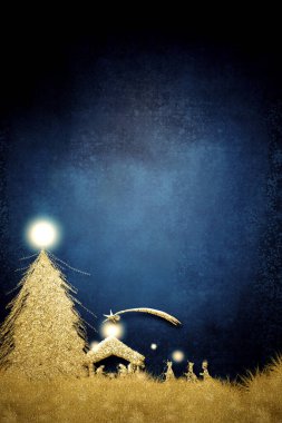 Christmas Nativity Scene greetings cards, abstract freehand drawing of Nativity Scene, tree and Three Wise Men with golden glitter, grunge blue background with blank. Verical.