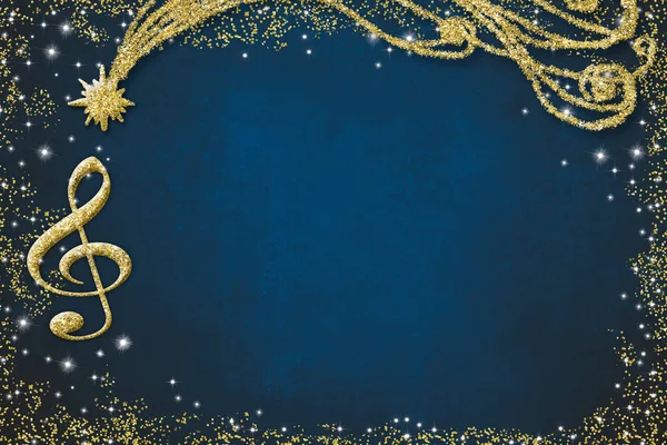 圣诞音乐卡 蓝色背景上闪烁着金光闪闪的三叶草和伯利恒之星 有复制空间 — 图库照片
