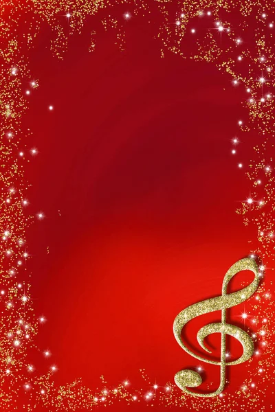 Christmas Musical Card Treble Clef Gold Glitter Texture Red Paper — Stock Photo, Image