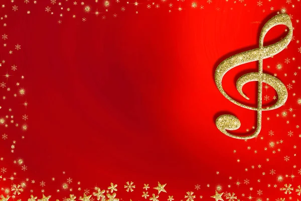Christmas Musical Card Treble Clef Gold Glitter Texture Red Paper — Stock Photo, Image