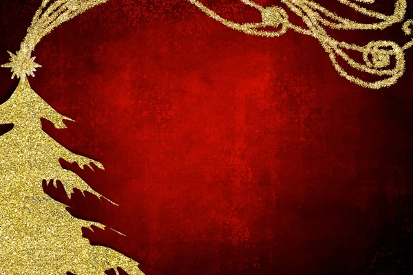 Weihnachtsgrußkarten Abstrakte Einfache Tanne Mit Goldenen Glitzerpinseln Auf Rotem Papierhintergrund — Stockfoto