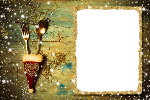 Christmas Menu Background Invite Write Old Cutlery Santa Hat Blank — Zdjęcie stockowe