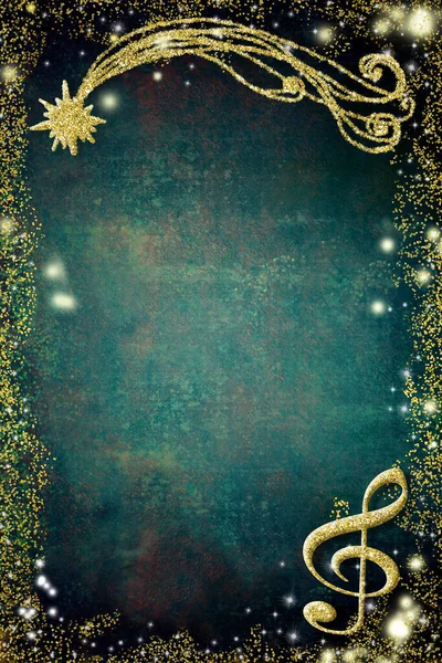 クリスマス音楽カードを招待します 濃いグランジの背景にトレブルクリーフとベスレヘムスターの輝きゴールドのテクスチャ — ストック写真