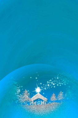 Soyut Noel Doğum Sahnesi, Kutsal Aile tebrik kartları. Kutsal Aile 'nin soyut el yazısıyla çizimi. Mavi kağıtta bir topun içinde gümüş parıltı. Mesaj için kopyalama alanı, dikey resim..