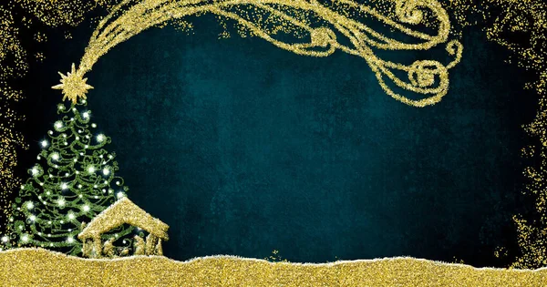 クリスマス ネイティビティ グリーティングカード ネイティビティ シーンの抽象的なフリーハンド ドローイング 金色の輝きのあるモミの木 空白のパノラマ形式の濃い背景のグランジ — ストック写真
