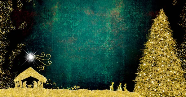 クリスマス ネイティビティ シーンのクリーンな挨拶カード ネイティビティ シーンの抽象的なフリーハンド ドローイング モミの木と3人の賢者は 空白のパノラマ形式で緑の紙の背景に金色の輝きを持つ — ストック写真