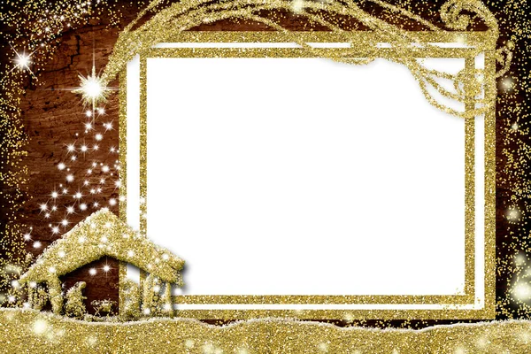 クリスマスの空の画像フレームの挨拶カード ネイティブシーン クリスマスとベツレヘム星黄金の輝き 空の白い画像フレーム上の古い木の背景 — ストック写真