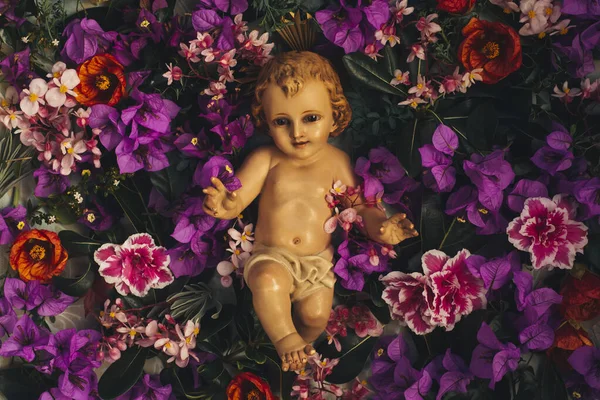 Vecchia Statuetta Del Bambino Gesù Natale Circondata Fiori Diverse Varietà — Foto Stock