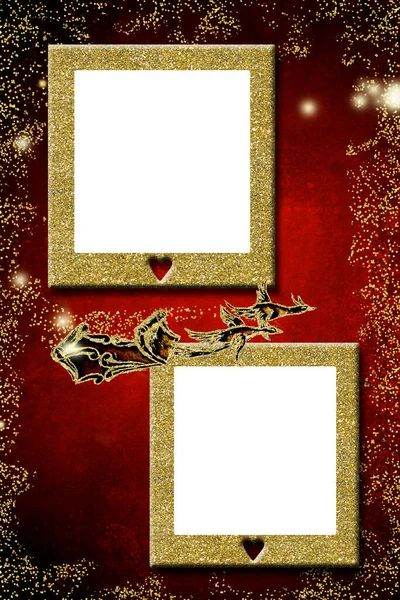 Christmas Greeting Two Empty Frames Put Photo Geese Drawn Sleigh — Stock Photo, Image