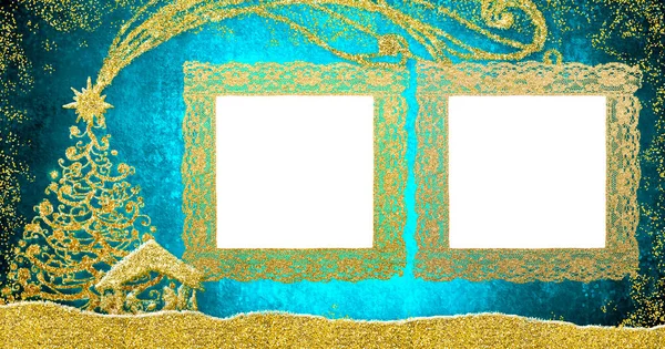 圣诞节两幅空白的图片框图问候卡片 在金光闪闪的美丽场景中 两个空洞的复古画框 全景格式 — 图库照片