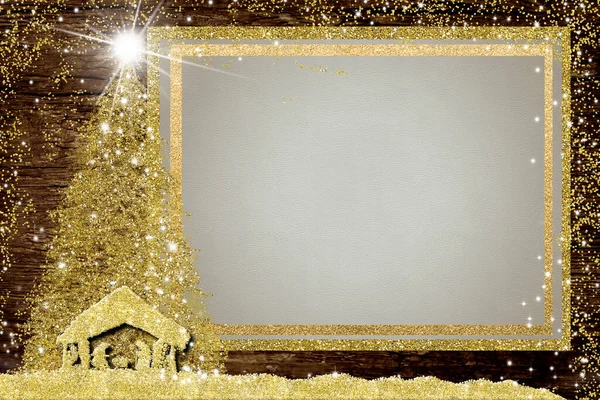 Рождественские Открытки Рамке Nativiy Scene Christmas Bethemem Star Golden Glitter — стоковое фото