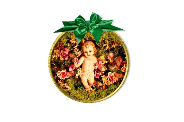 Рождественская Открытка Младенца Иисуса Фотография Младенца Иисуса Золотой Рамке Зеленым — стоковое фото