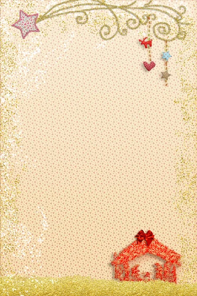 圣诞降生场景婴儿床问候卡 圣诞明信片诞生场景 伯利恒之星 用面料剪裁制成 儿童风格 复制空间 垂直图像 — 图库照片