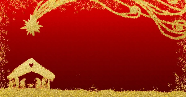 クリスマス ネイティビティ シーンの挨拶カード ネイティビティ シーンとベツレヘム スターの抽象的なフリーハンド ドローイング 金色の輝き コピースペース付きの赤い背景 パノラマ画像 — ストック写真