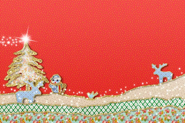 Świąteczne Kartki Snowy Krajobraz Bałwan Choinka Renifery Ptaków Świętego Mikołaja — Zdjęcie stockowe