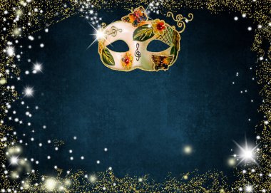 Karnaval partisi, tasarım için arka plan. Üçlü anahtarlı müzikal karnaval maskesi, koyu mavi arka planda kelebekler ve altın parıltılı çiçekler.