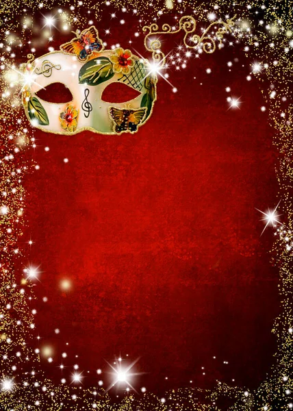 Fröhliche Karnevalsmaske Mit Goldglitzern Und Sternen Auf Rotem Hintergrund Mit — Stockfoto