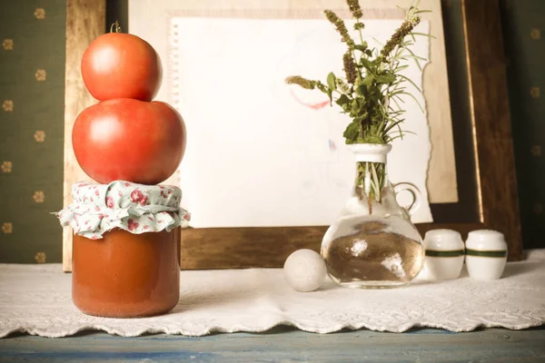 Homemade Canned Tomato Raw Organic Tomatoes Fried Tomato Glass Bottle — Stock Photo, Image