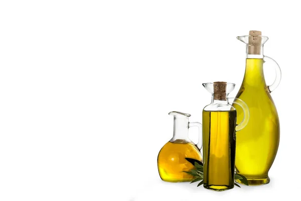 Olio Extravergine Oliva Tre Varietà Olio Bottiglia Vasetti Vetro Isolati — Foto Stock