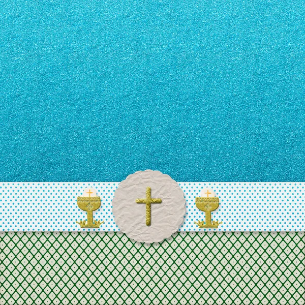 First holy communion  background. Religious background for communion or confirmation , crucifix and chalice made with fabric cutouts and blue glitter, square image.