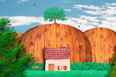 Huzurlu bir manzarada yalnız bir ev, sakin bir hayat ve huzur dolu bir konsept. Gerçeküstü, soyut resim.