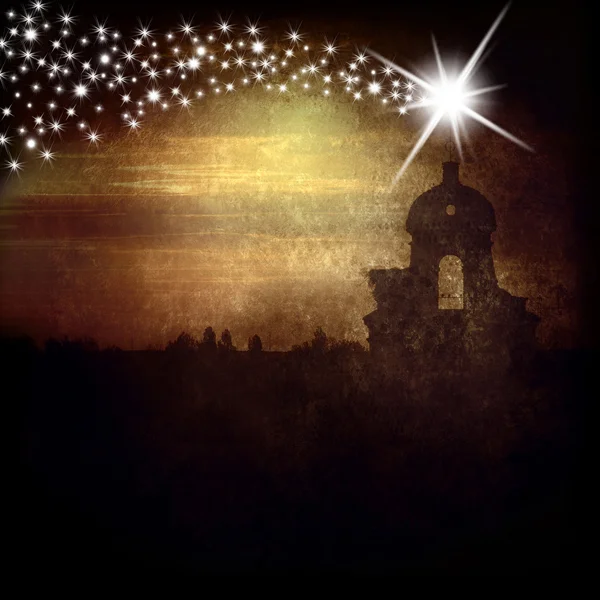 Різдвяна листівка дзвіницею і Віфлеємська зірка Ліцензійні Стокові Фото