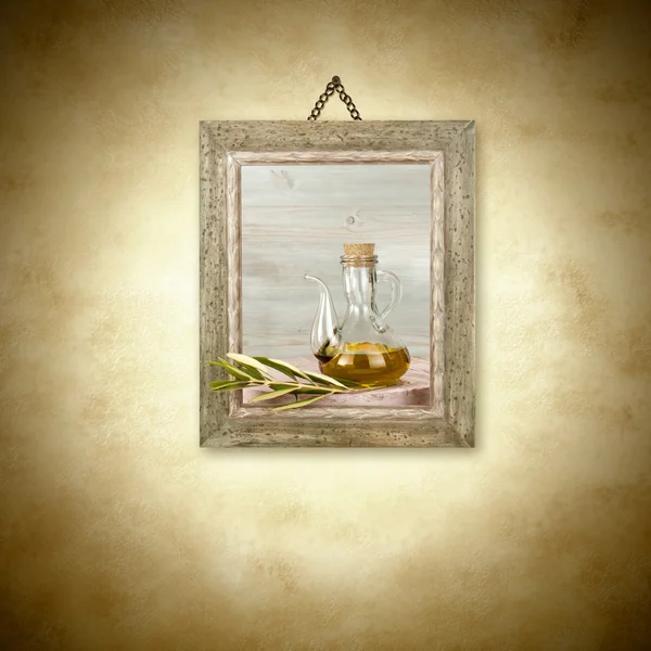 Olive oil in glass jar picture hanging — Stock Photo, Image