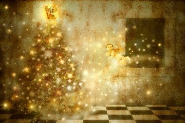 Eski Noel kartı melekler ve ağaç ev