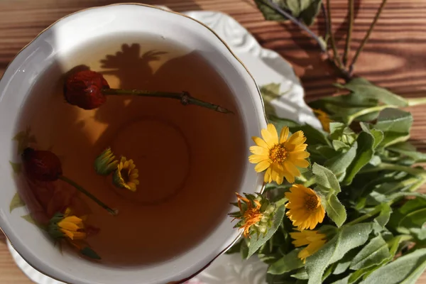 Herbal Tea Marigold Flowers Rosehip Wooden Background — Stock Photo, Image