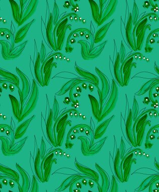 Yeşil arka planda vadideki zambakların elle çizilmiş kusursuz desenleri. dikdörtgen şekli 