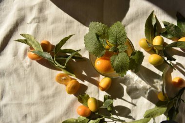 Bir bardak taze kumkatlı su ve Melissa yaprağı süslemesi.