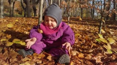 Mor tulumlu şirin kız bebek ormanda güzel renkli sonbahar yapraklarıyla oynuyor. Kız yerden yaprakları topluyor ve onlarla oynuyor. Yeri Sophienholm Kalesi ve Bagsvaerd Gölü 'ne yakın, Kopenhag' ın kuzeyinde.