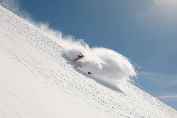 Stock Picture Freeride Skier Skiing Fast Downhill Deep Powder Snow — Stock Photo, Image