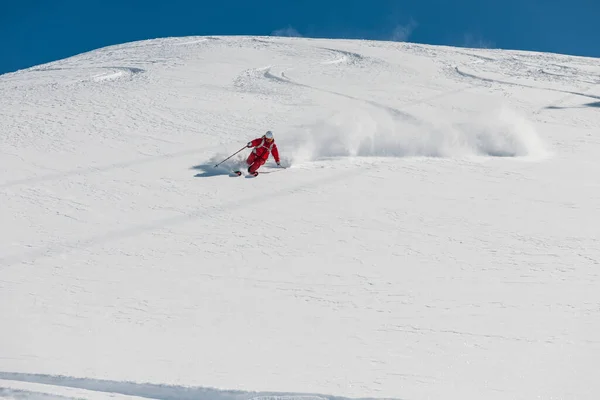 Stock Picture Freeride Skier Skiing Fast Downhill Deep Powder Snow — Stock Photo, Image