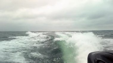Hızlı balıkçı teknesi denizde su sıçratan dalgalar yaratıyor. Tekne okyanus üzerinde hızla yol alır ve dalgalara çarptığında su püskürtür. Danimarka, Resund 'da gri ve bulutlu bir kış günüdür. 1080p