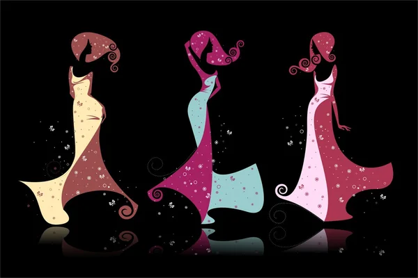 Three silhouette  girls  on a black background — Stock Vector