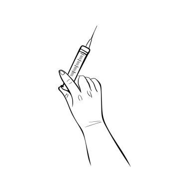 El çizimi, beyaz arkaplan vektör illüstrasyonunda izole edilmiş tıbbi bir şırınga konumu.