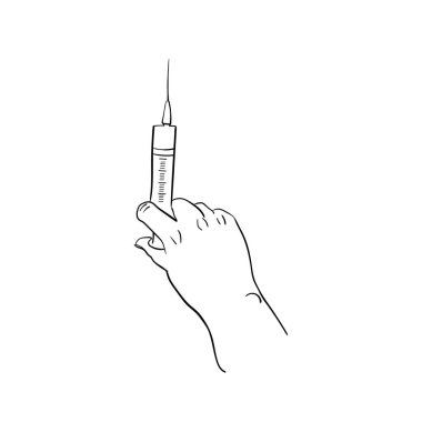 Elinde tıbbi şırınga, beyaz arka plan çizilmiş el çizimi, düz aşı taslağı var.