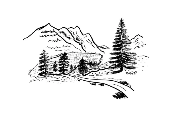 Ескіз Гірського Озера Контуру Ялини Вектор — стоковий вектор