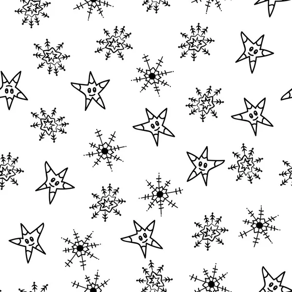 Contour Simple Motif Sans Couture Des Étoiles Des Flocons Neige — Image vectorielle