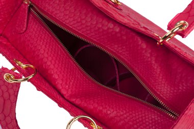 Moda lüks yılan derisi (piton) çanta çantası, Bali adasında el yapımı, beyaz bir arka plan üzerinde izole