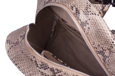 Moda egzotik yılan derisi (piton) el yapımı sırt çantası beyaz bir arka plan üzerinde izole