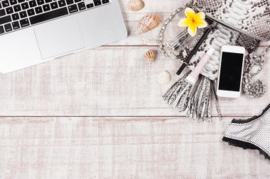 Moda kadın aksesuarları. Lüks el yapımı yılan derisi (python) el çantası, kozmetik, makyaj Aksesuar moda seti, frangipani çiçekler, dizüstü bilgisayar, smartphone, külot. Üstten Görünüm, düz yatıyordu, açık ahşap renkli. Metin için ücretsiz/boş yer. Toplantı.