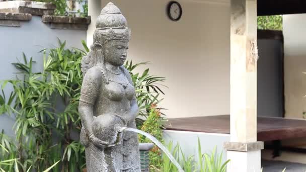 Wasser fließt aus einer Frauenskulptur im Garten eines balinesischen Hauses. bali, indonesien. gut für einen Hintergrund. — Stockvideo