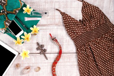 Moda kadın aksesuarları. Lüks el yapımı yılan derisi (python) el çantası, tablet, smartphone, plumeria. Üstten Görünüm, düz yatıyordu, açık ahşap renkli. Metin için ücretsiz/boş yer.