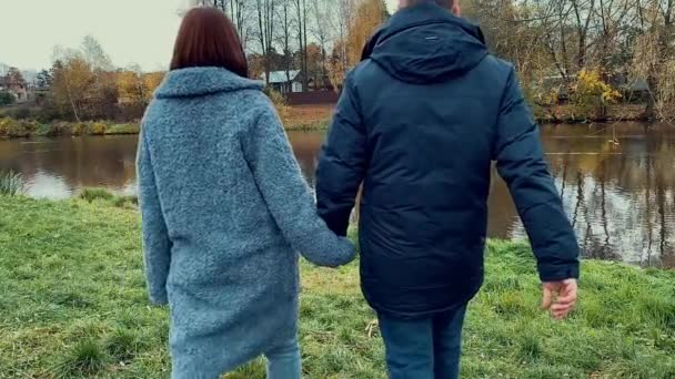 젊은 부부는 서로 손을 잡는다. 가을 파크. 느린 모션 영상. — 비디오