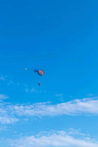 Parachutist vliegt in de lucht, zonnig contrastbeeld. — Stockfoto